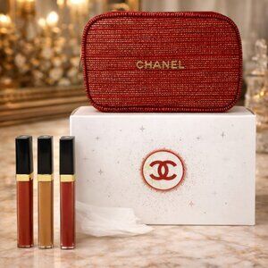 NWT Chanel Lip Gloss Trio Holiday Gift Set  Red/Gold Tweed Bag